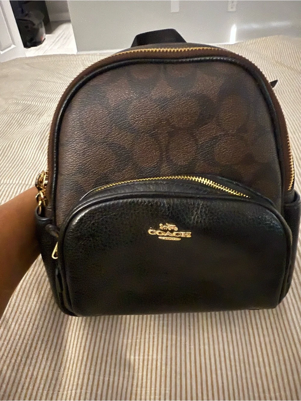 Coach Mini Backpack in Brown Signature and Black Leather